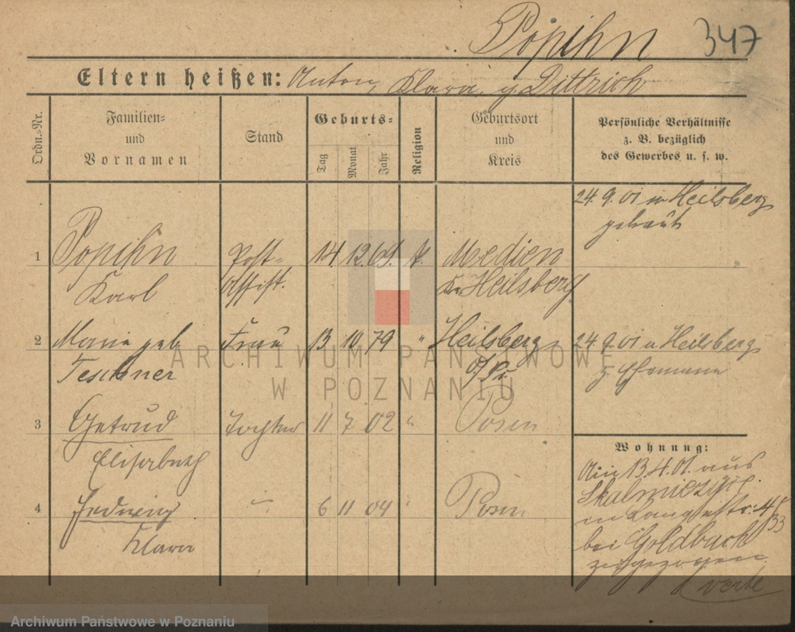 Screenshot Suchergebnis aus der Meldekartensammlung der Stadt Posen