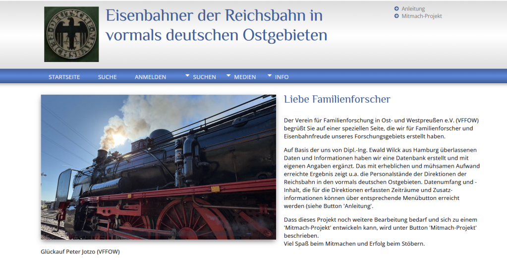 Screenshot Website Eisenbahner der Reichsbahn in vormals deutschen Ostgebieten